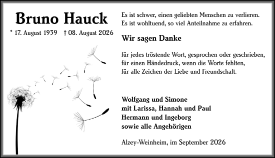 Traueranzeige von Bruno Hauck von Allgemeine Zeitung Alzey
