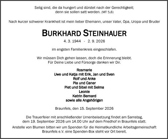 Traueranzeige von Burkhard Steinhauer von Weilburger Tageblatt