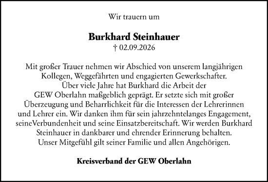 Traueranzeige von Burkhard Steinhauer von Weilburger Tageblatt