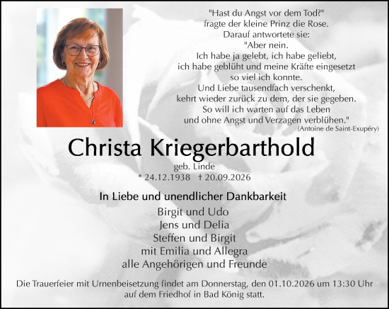 Traueranzeige von Christa Kriegerbarthold von Odenwälder Echo