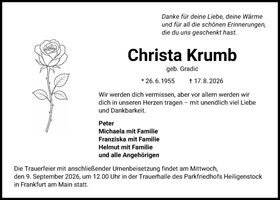 Traueranzeige von Christa Krumb von Hinterländer Anzeiger