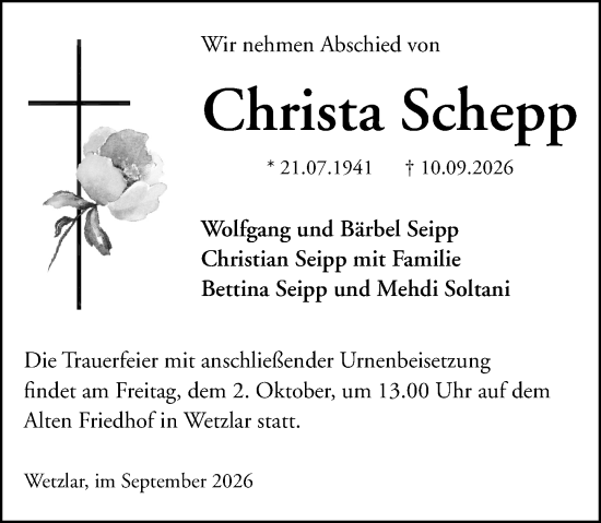 Traueranzeige von Christa Schepp von Wetzlarer Neue Zeitung