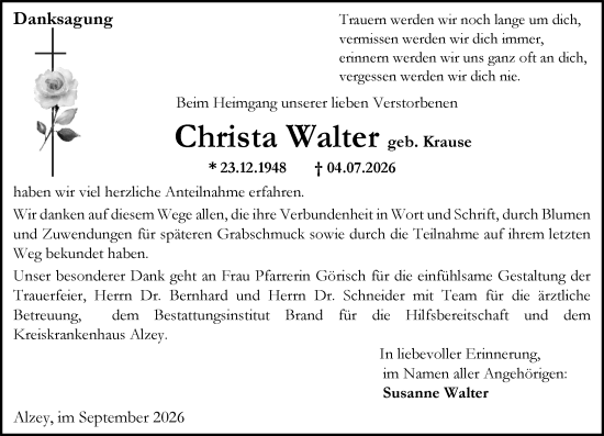 Traueranzeige von Christa Walter von Allgemeine Zeitung Alzey
