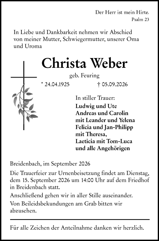 Traueranzeige von Christa Weber von Hinterländer Anzeiger