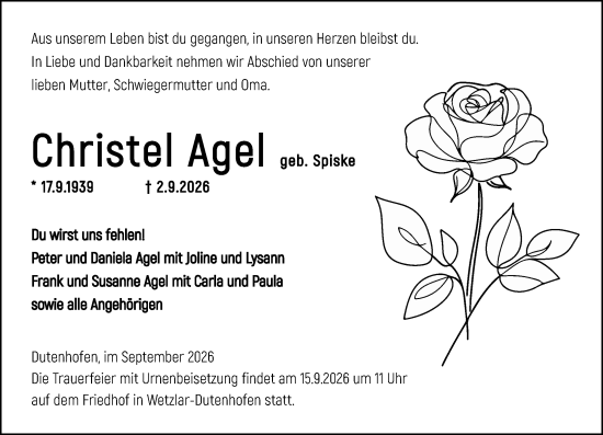 Traueranzeige von Christel Agel von Wetzlarer Neue Zeitung