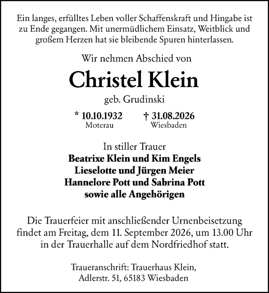 Traueranzeige von Christel Klein von Wiesbadener Kurier