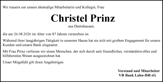Traueranzeige von Christel Prinz von Hinterländer Anzeiger