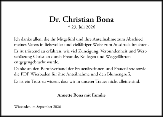 Traueranzeige von Christian Bona von Wiesbadener Kurier