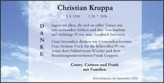 Traueranzeige von Christian Kruppa von Dill Block