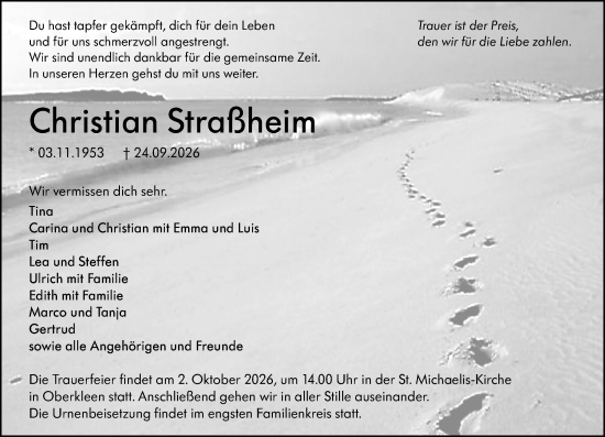Traueranzeige von Christian Straßheim von Wetzlarer Neue Zeitung