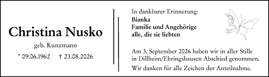 Traueranzeige von Christina Nusko von Wetzlarer Neue Zeitung