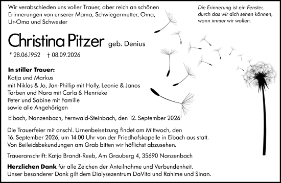 Traueranzeige von Christina Pitzer von Dill Block
