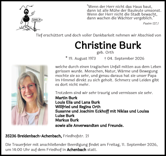 Traueranzeige von Christine Burk von Hinterländer Anzeiger