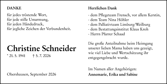 Traueranzeige von Christine Schneider von Weilburger Tageblatt