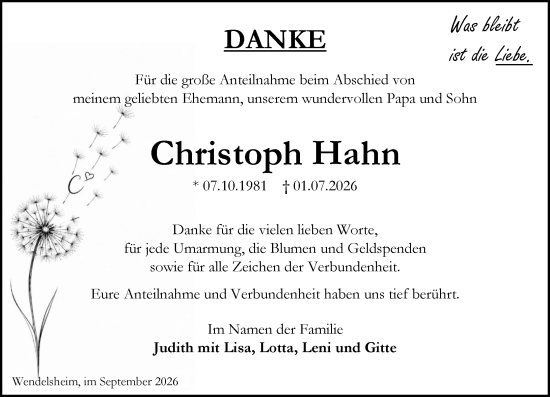 Traueranzeige von Christoph Hahn von Allgemeine Zeitung Alzey