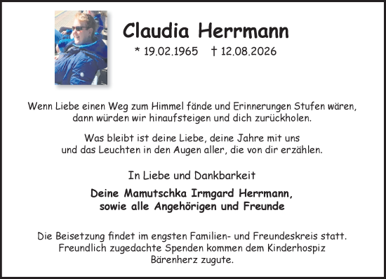 Traueranzeige von Claudia Herrmann von Wiesbadener Kurier