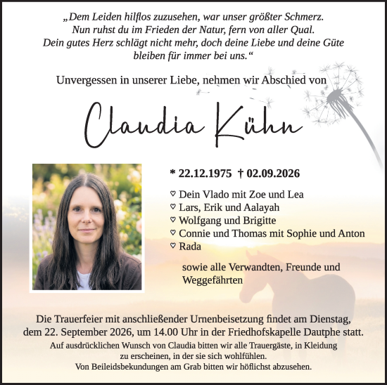 Traueranzeige von Claudia Kühn von Hinterländer Anzeiger