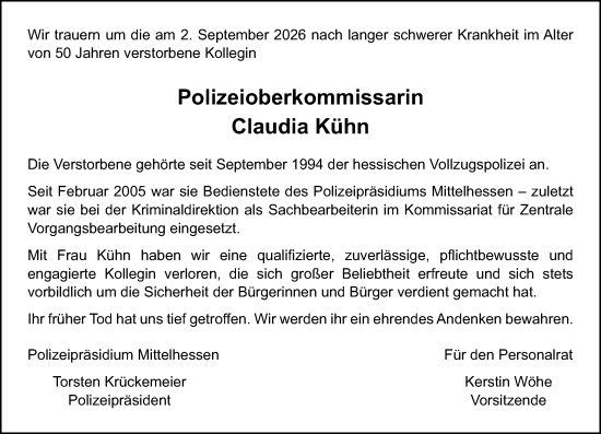 Traueranzeige von Claudia Kühn von Hinterländer Anzeiger