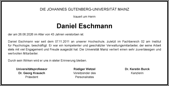 Traueranzeige von Daniel Eschmann von Allgemeine Zeitung Mainz