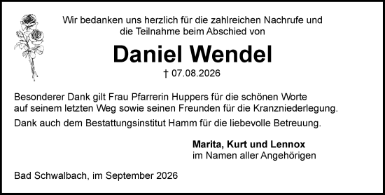 Traueranzeige von Daniel Wendel von Rheingau-Taunus-Kreis Wochenblatt