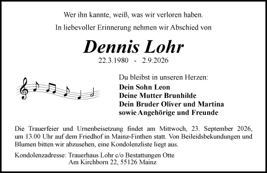 Traueranzeige von Dennis Lohr von Allgemeine Zeitung Mainz
