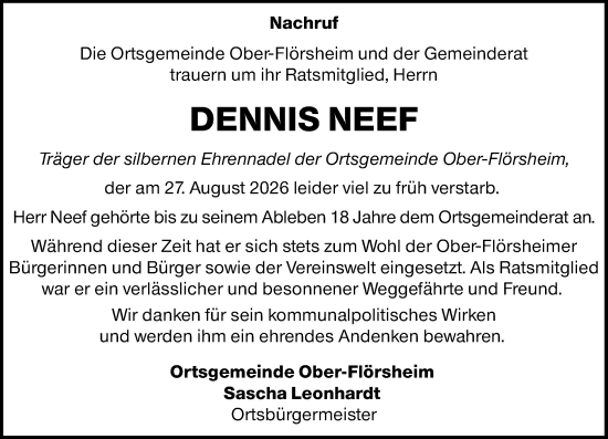 Traueranzeige von Dennis Neef von Allgemeine Zeitung Alzey