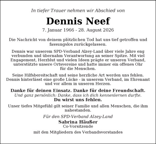 Traueranzeige von Dennis Neef von Allgemeine Zeitung Alzey