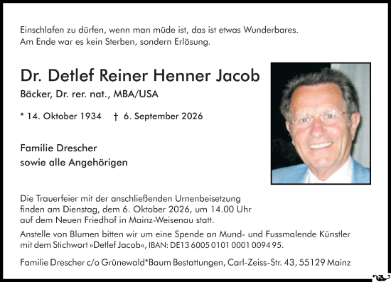 Traueranzeige von Detlef Reiner Henner Jacob von Allgemeine Zeitung Mainz