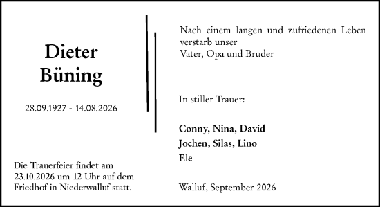 Traueranzeige von Dieter Büning von Wiesbadener Kurier