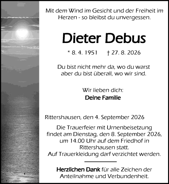 Traueranzeige von Dieter Debus von Dill Block