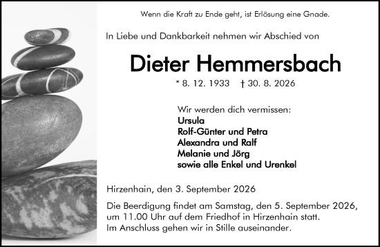 Traueranzeige von Dieter Hemmersbach von Dill Block