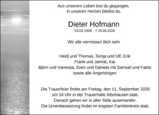 Traueranzeige von Dieter Hofmann von Wetzlarer Neue Zeitung