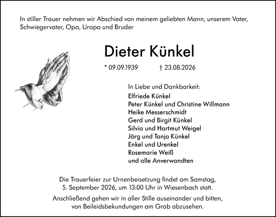 Traueranzeige von Dieter Künkel von Hinterländer Anzeiger