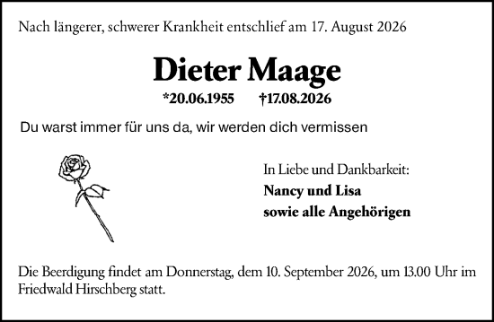 Traueranzeige von Dieter Maage von Dill Block