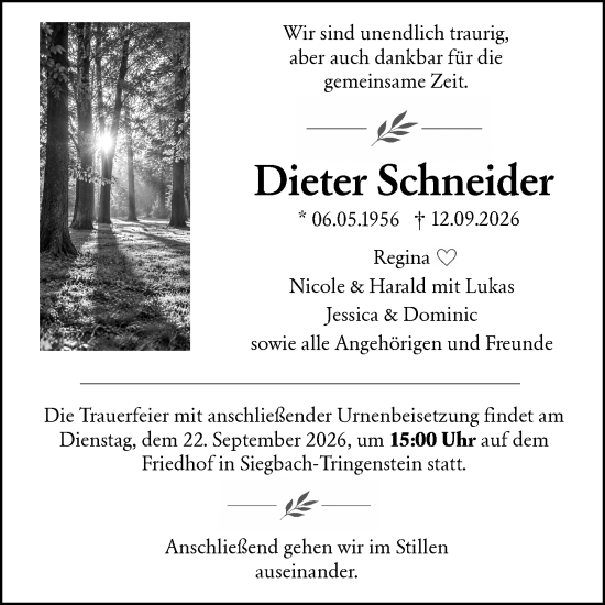 Traueranzeige von Dieter Schneider von Dill Block