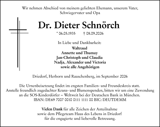 Traueranzeige von Dieter Schnörch von Dill Block