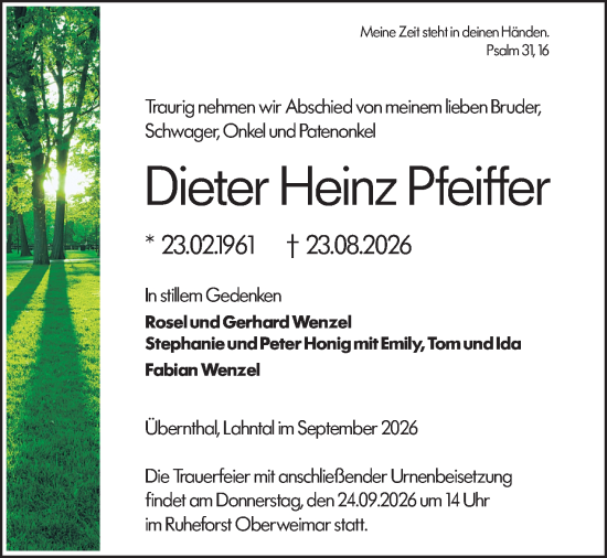 Traueranzeige von Dieter Heinz Pfeiffer von Dill Block