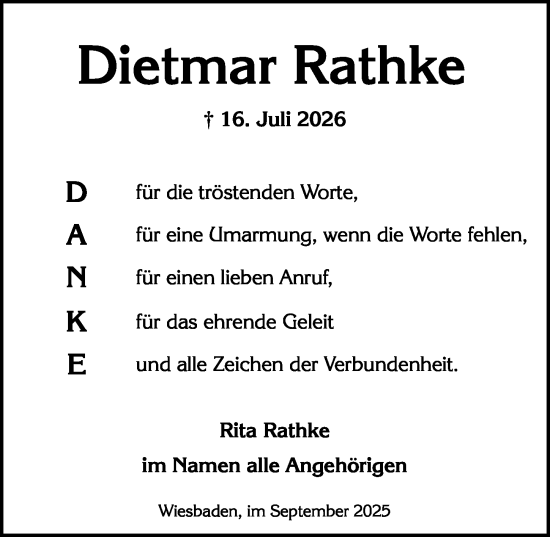 Traueranzeige von Dietmar Rathke von Wiesbadener Kurier