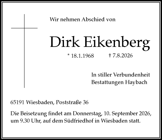 Traueranzeige von Dirk Eikenberg von Wiesbadener Kurier