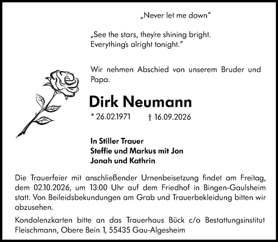 Traueranzeige von Dirk Neumann von Binger-/Ingelheimer Wochenblatt