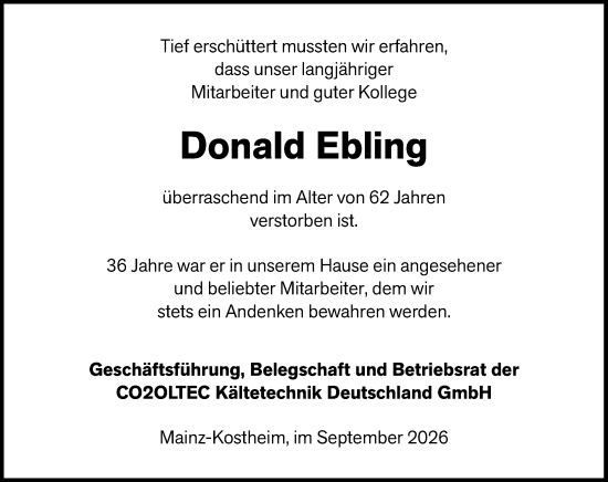 Traueranzeige von Donald Ebling von Allgemeine Zeitung Mainz
