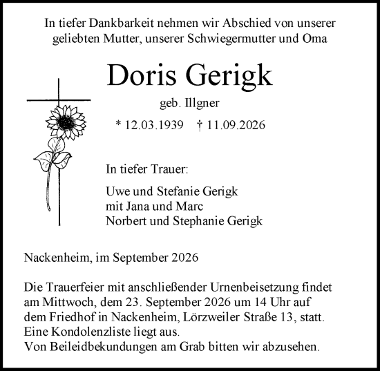 Traueranzeige von Doris Gerigk von Allgemeine Zeitung Mainz