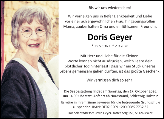 Traueranzeige von Doris Geyer von Allgemeine Zeitung Mainz