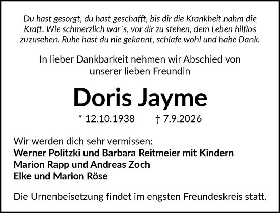 Traueranzeige von Doris Jayme von Darmstädter Echo