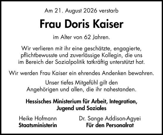 Traueranzeige von Doris Kaiser von Wiesbadener Kurier