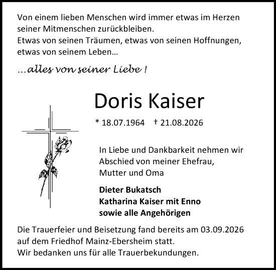 Traueranzeige von Doris Kaiser von Allgemeine Zeitung Mainz