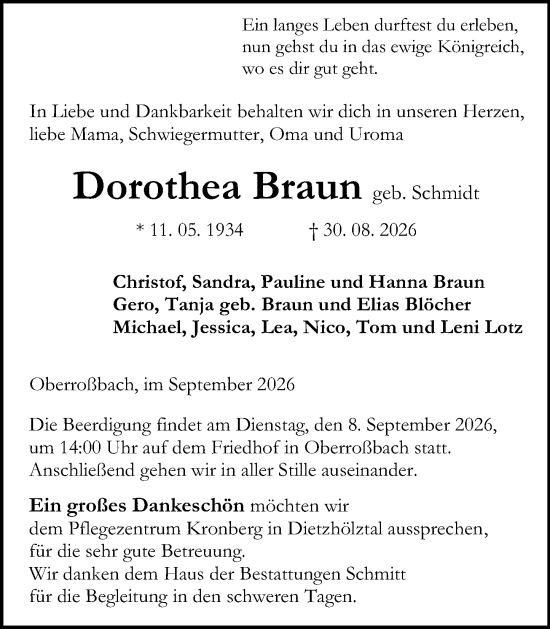Traueranzeige von Dorothea Braun von Dill Block
