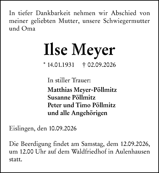 Traueranzeige von Ilse Meyer von Weilburger Tageblatt