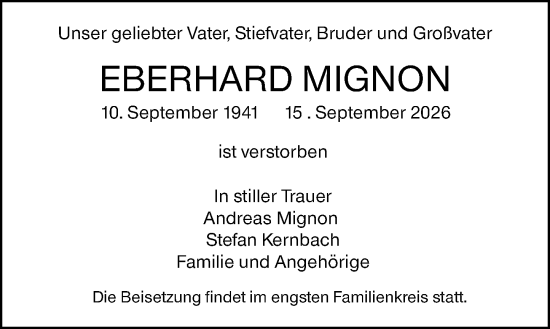 Traueranzeige von Eberhard Mignon von Wetzlarer Neue Zeitung