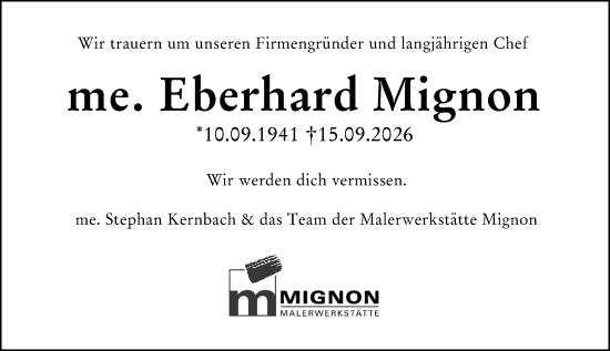 Traueranzeige von Eberhard Mignon von Wetzlarer Neue Zeitung